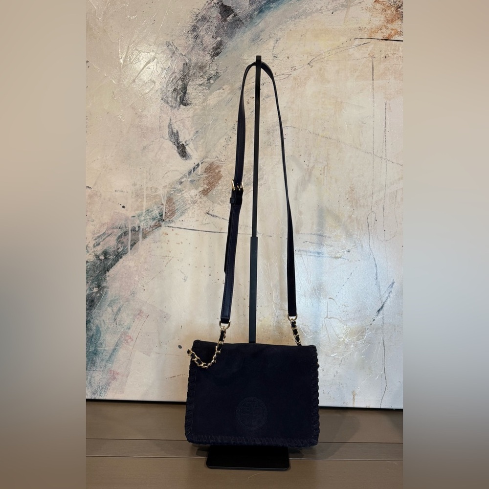 Tory Burch Marion Suede Crossbody Clutch Navy Blue Gold Chain Whipstitch Bag - Picture 5 of 12
